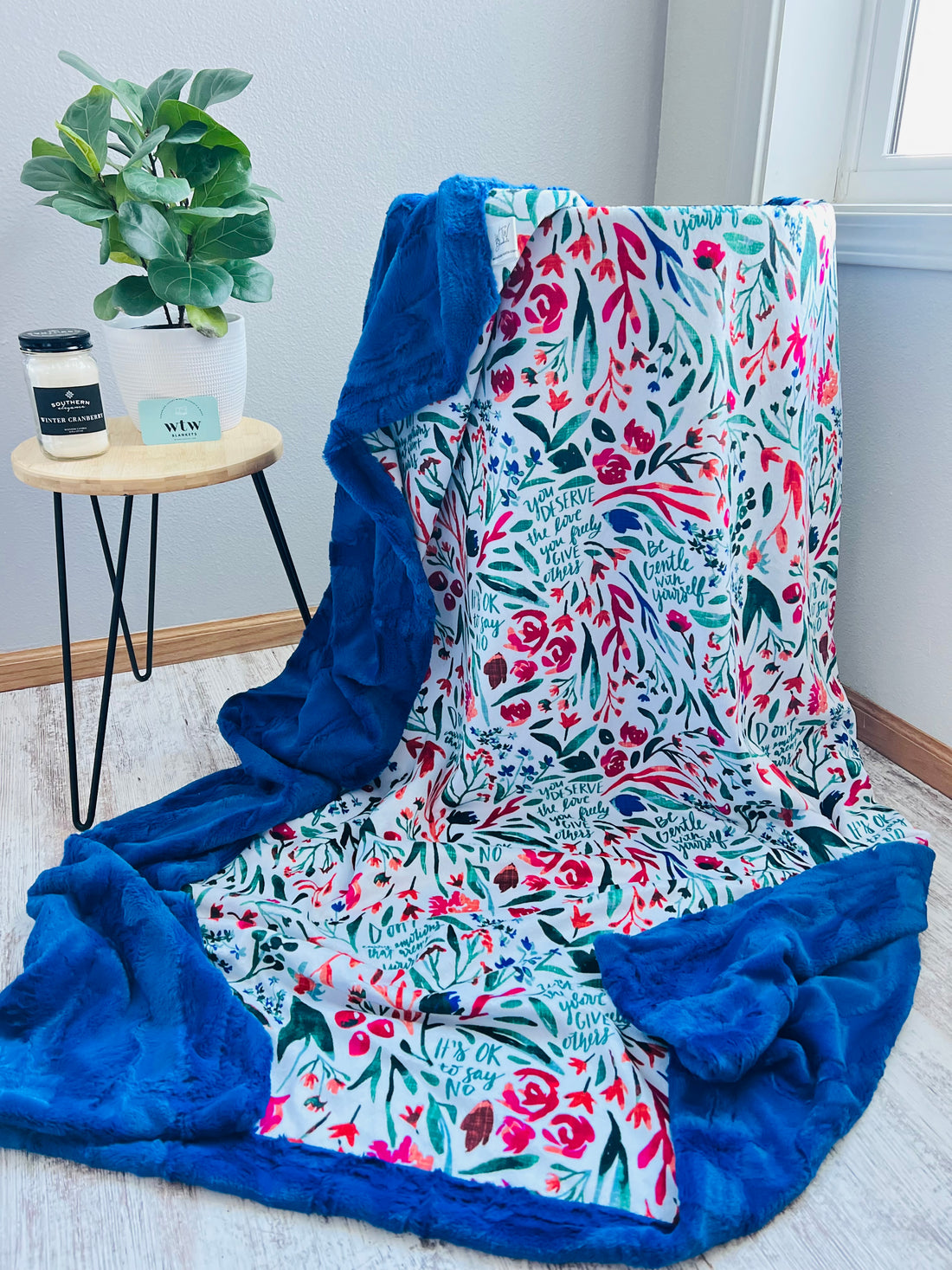 Floral Mental Health Awareness - Royal Blue Luxe Cuddle Adult Minky Blanket (RTS)