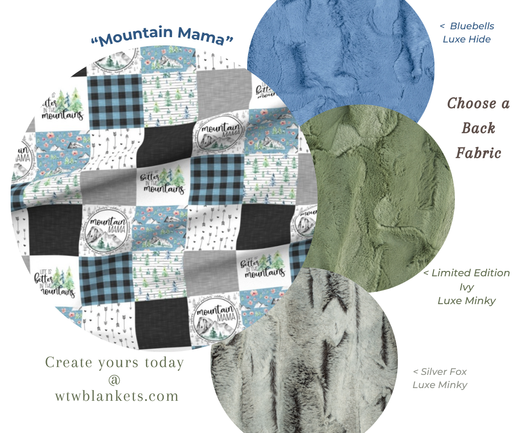 "Mountain Mama" (blue) Luxe Minky Blanket - PRE-ORDER (Choose your size & backing)