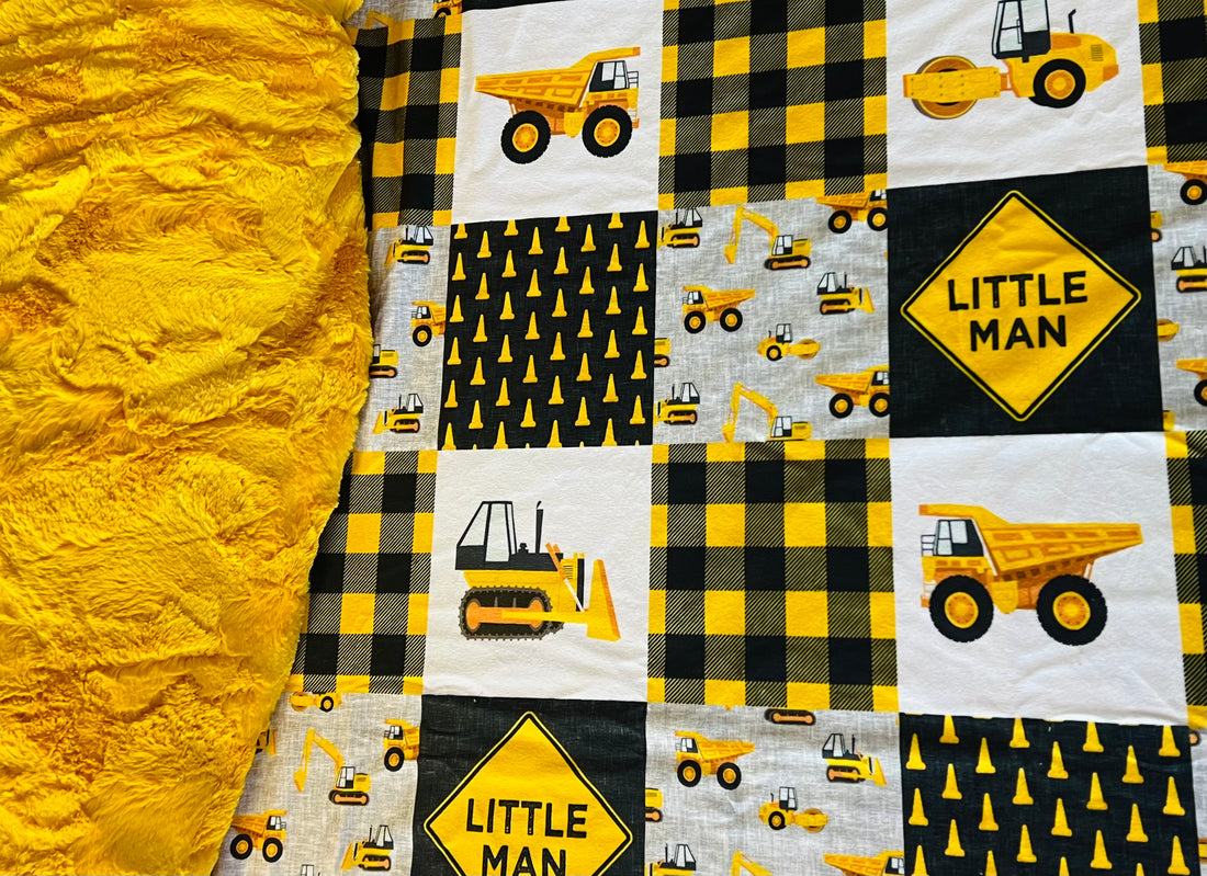 IN-STOCK - Little Man Construction Car Seat Blanket - Sun Yellow Luxe Minky - RTS
