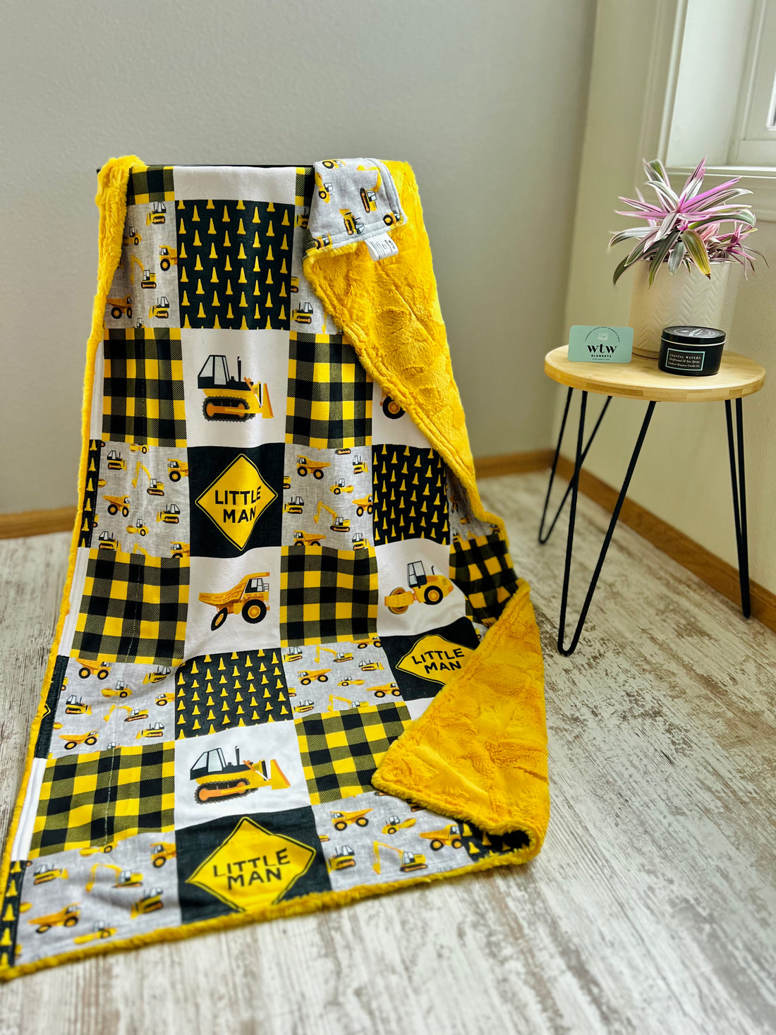 LITTLE MAN Yellow Construction Luxury Minky Blanket - Pre Order (Made to Order)