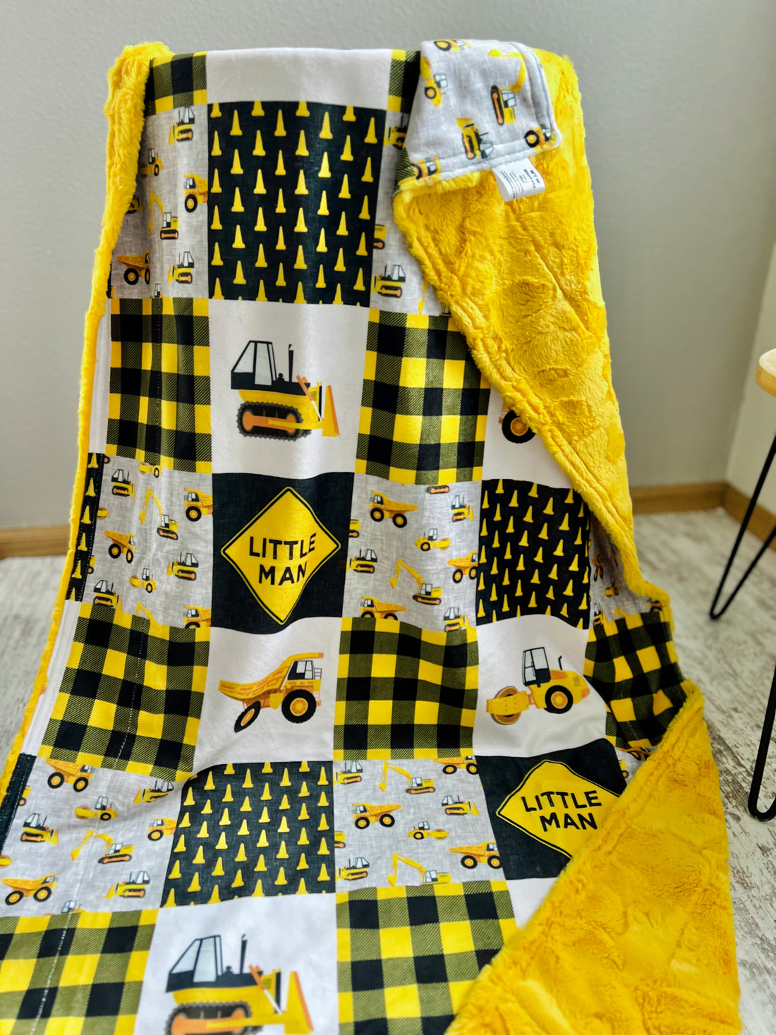 LITTLE MAN Yellow Construction Luxury Minky Blanket - Pre Order (Made to Order)