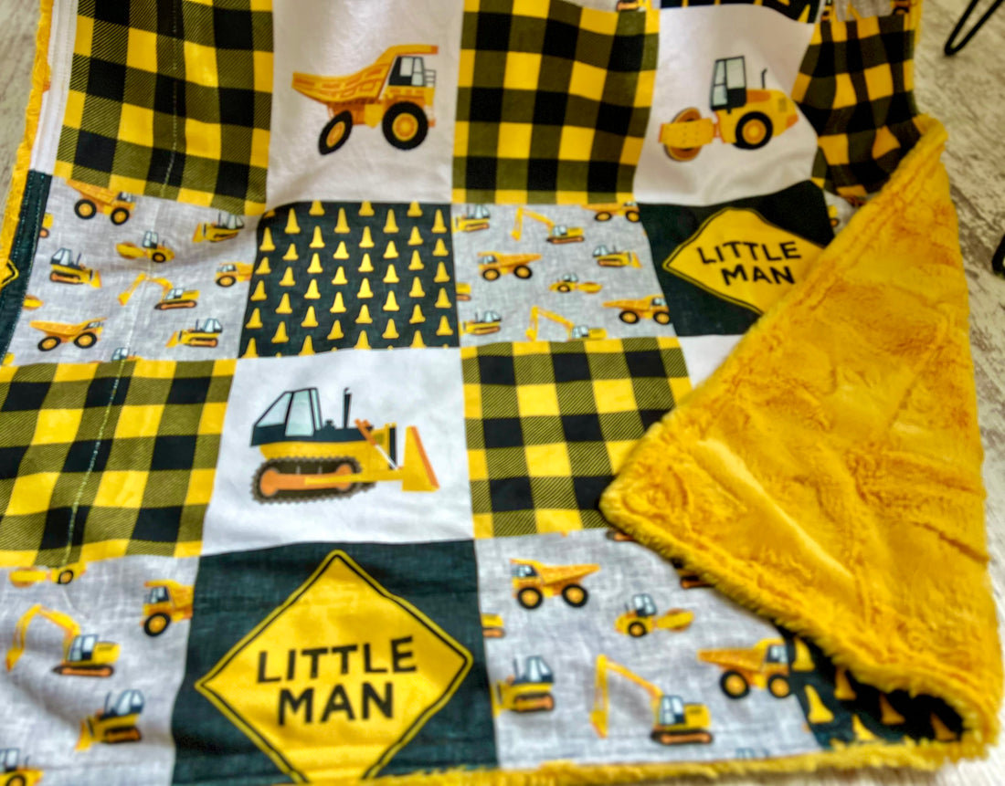 LITTLE MAN Yellow Construction Luxury Minky Blanket - Pre Order (Made to Order)