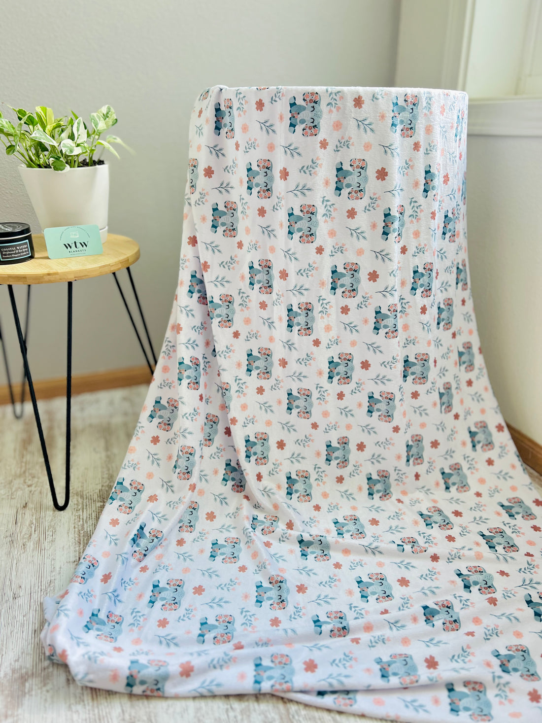 Floral Elephants Child Luxury Minky Blanket (made to order - you choose backing color)