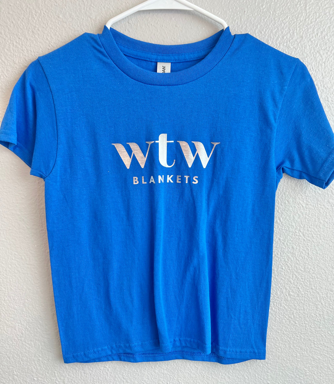 " WTW Blankets" blue T-shirt w/silver logo