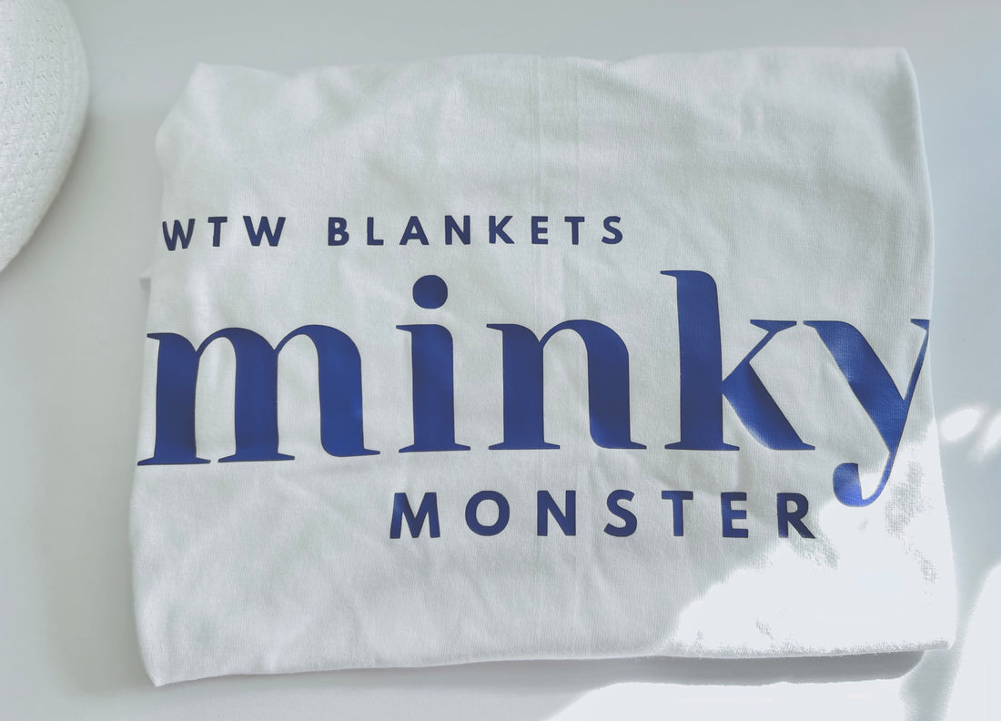 Minky Monster White Cotton T-shirt with purple vinyl logo