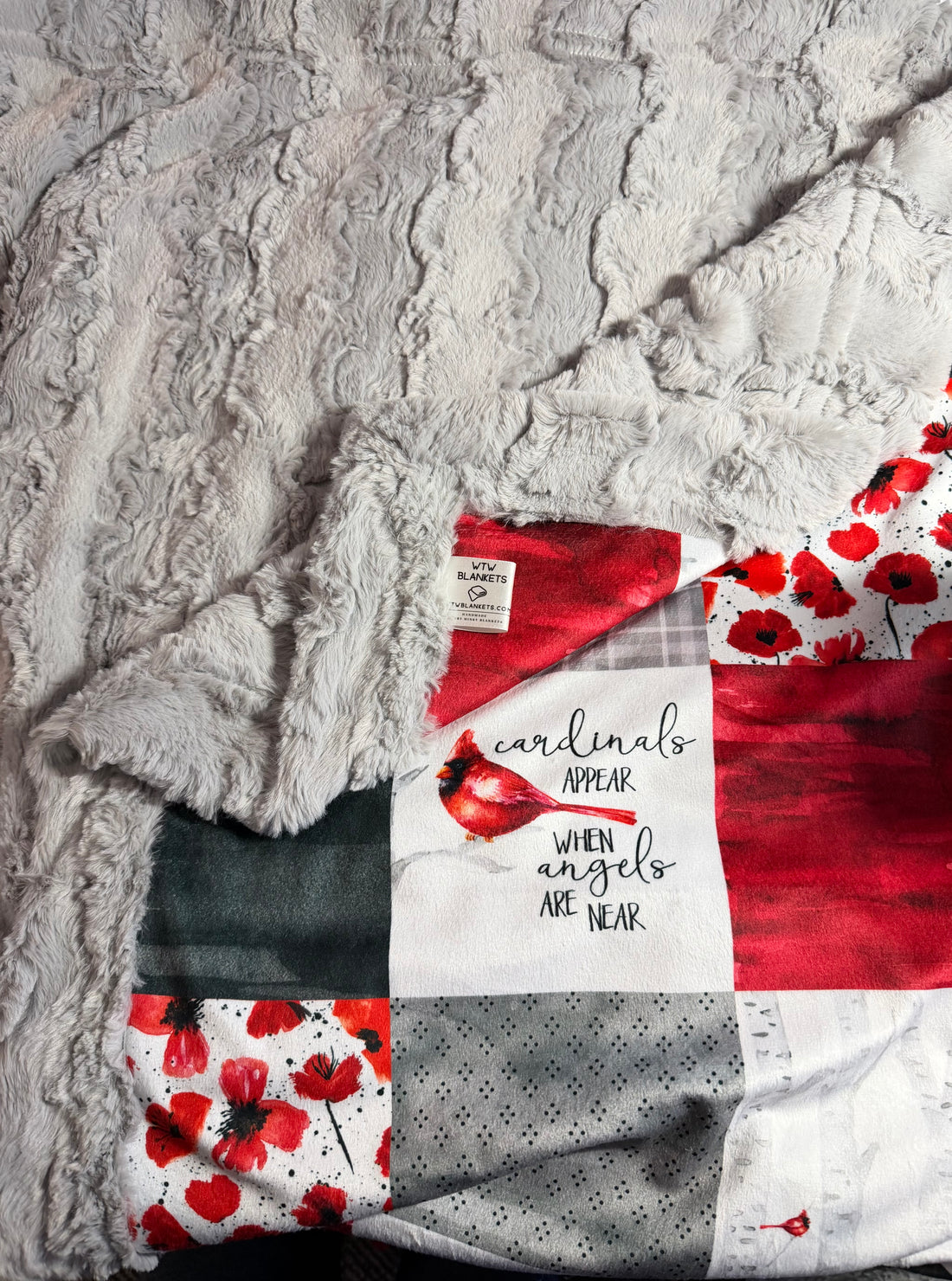 “Cardinals appear when Angels are near” silver Glacier - Adult Luxury minky Blanket - 57x70” - RTS