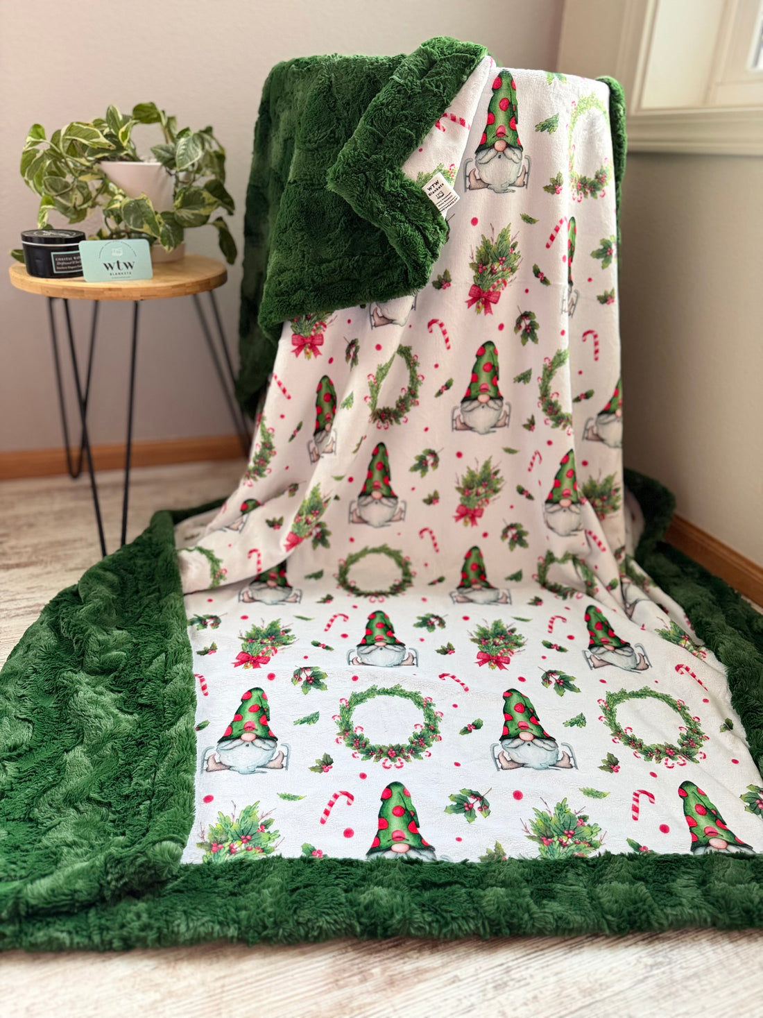 Gnome Wreath - Evergreen Glacier - Adult Luxury Minky Blanket - 58x70" - RTS