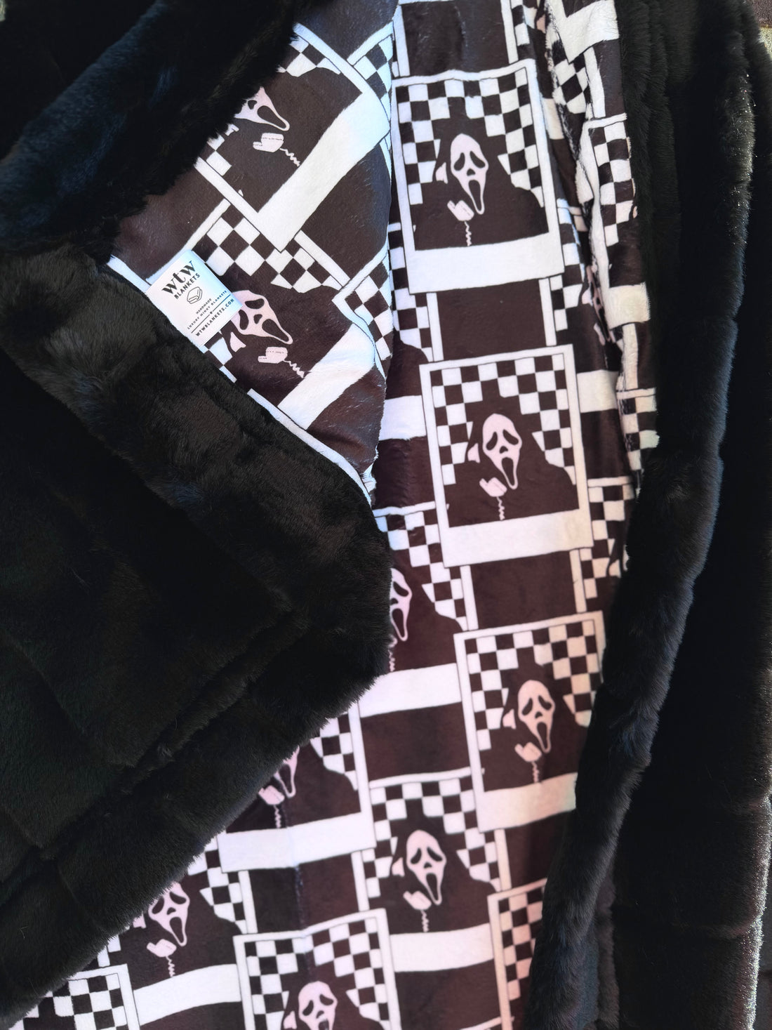 **WTW EXCLUSIVE** Sydney Black Ghost Face Checker - Adult Travel Luxury Minky Blanket - RTS 37x58”