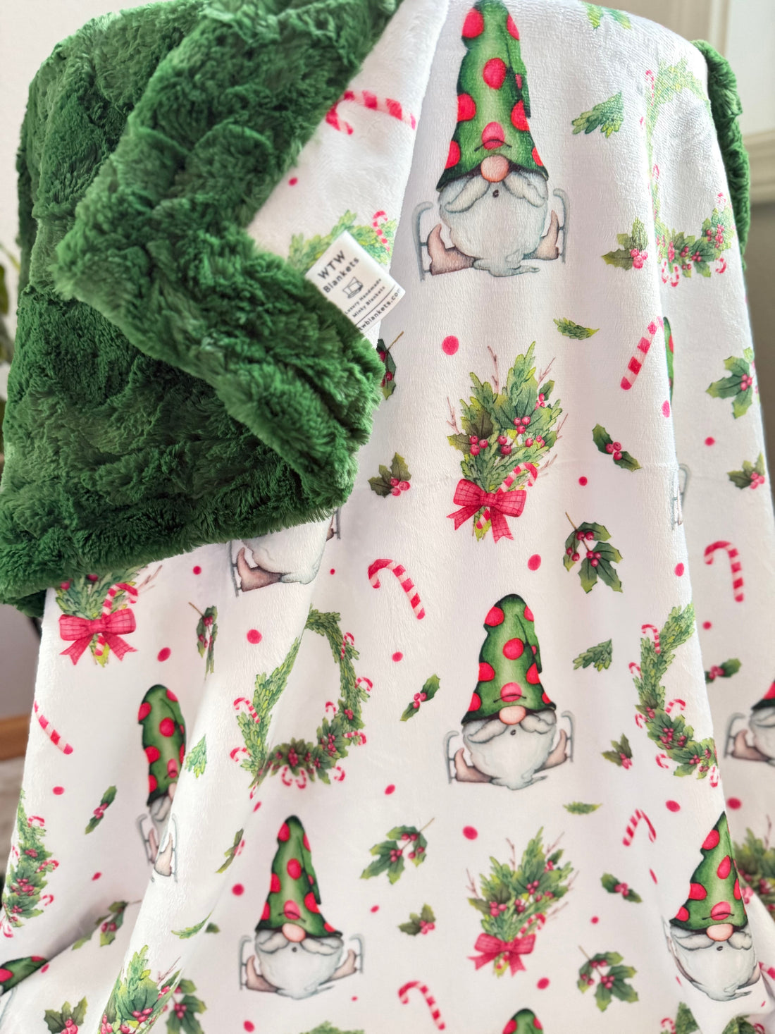 Gnome Wreath - Evergreen Glacier - Adult Luxury Minky Blanket - 58x70" - RTS