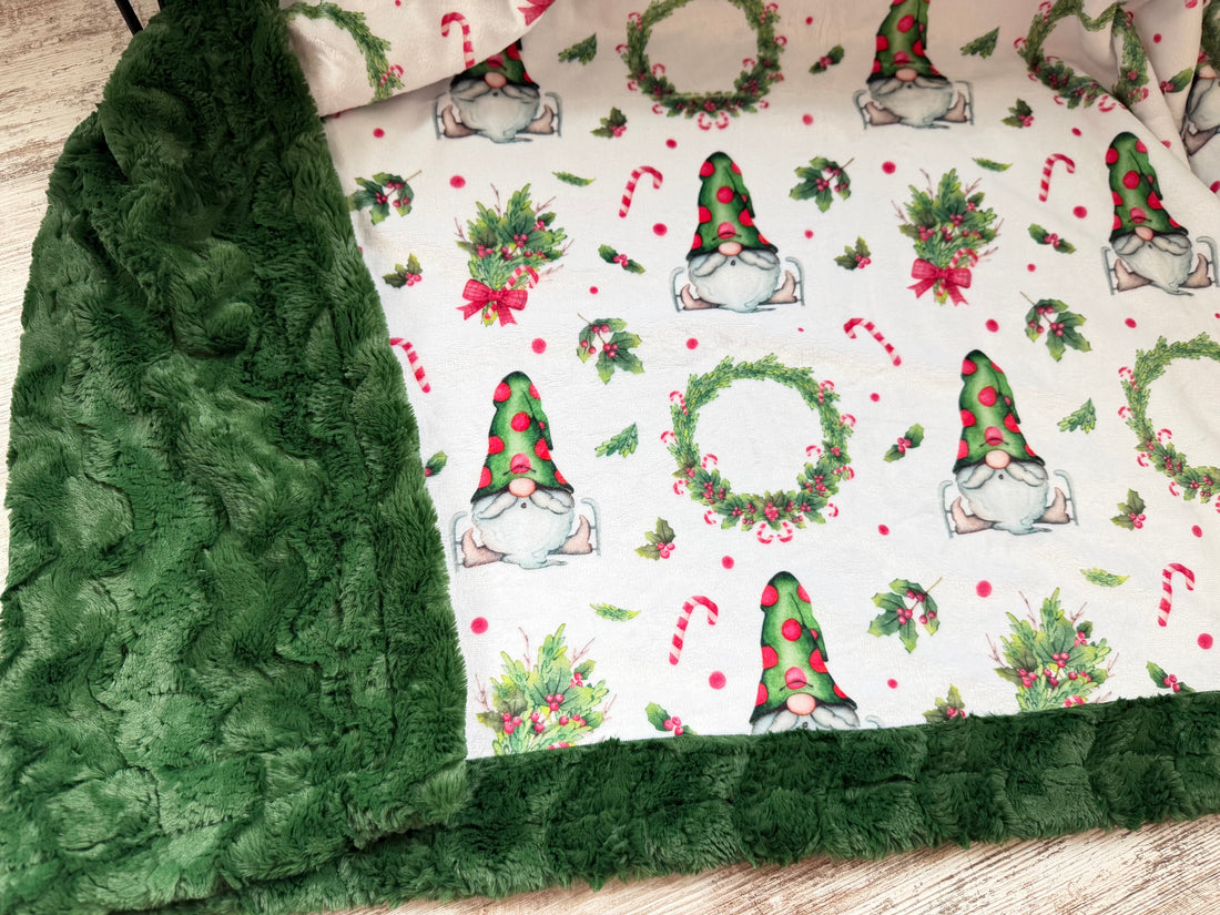 Gnome Wreath - Evergreen Glacier - Adult Luxury Minky Blanket - 58x70" - RTS