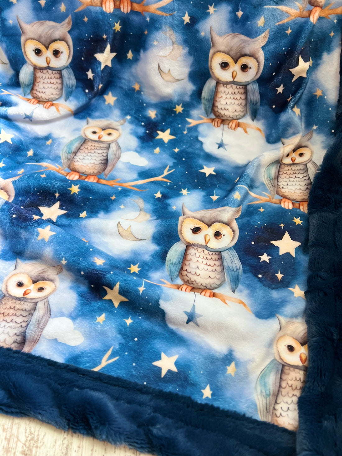 Navy Starry Night Owl - Luxury XL Toddler Blanket - 35x56” - RTS