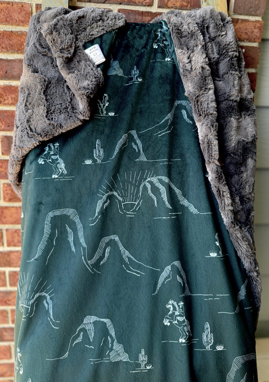 CUSTOM - Conversational western scenic toile with Cowboys on horses in black- white - Ash Glacier  Child/ Baby Luxe Minky Blanket BUNDLE