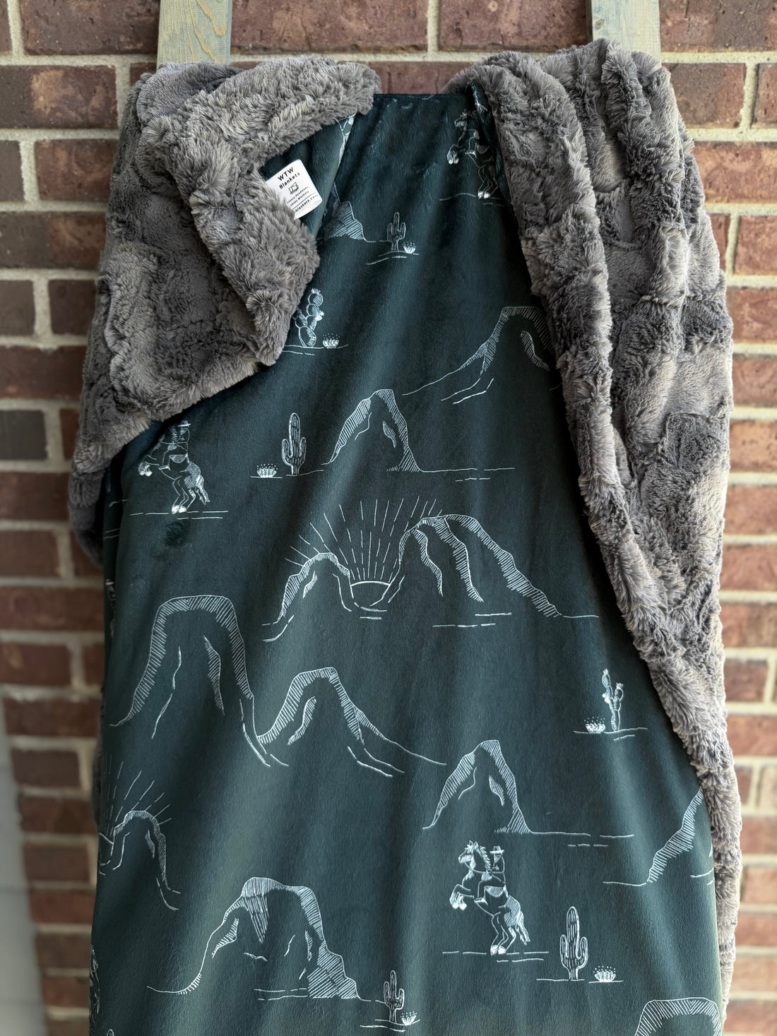 CUSTOM - Conversational western scenic toile with Cowboys on horses in black- white - Ash Glacier  Child/ Baby Luxe Minky Blanket BUNDLE