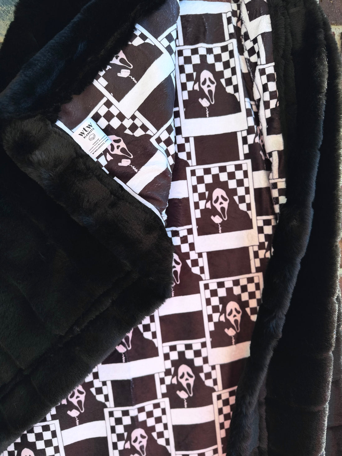 **WTW EXCLUSIVE** Sydney Black Ghost Face Checker - Adult Travel Luxury Minky Blanket - RTS 37x58”