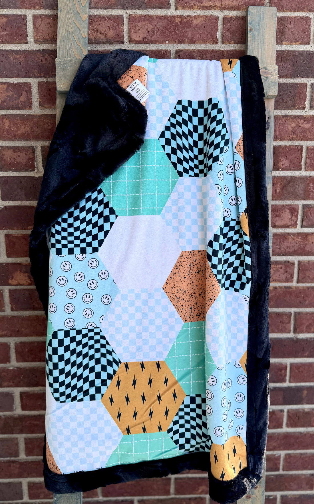 Aqua Blue + Orange Retro Hexagons & Black - Luxury Minky Blanket - RTS