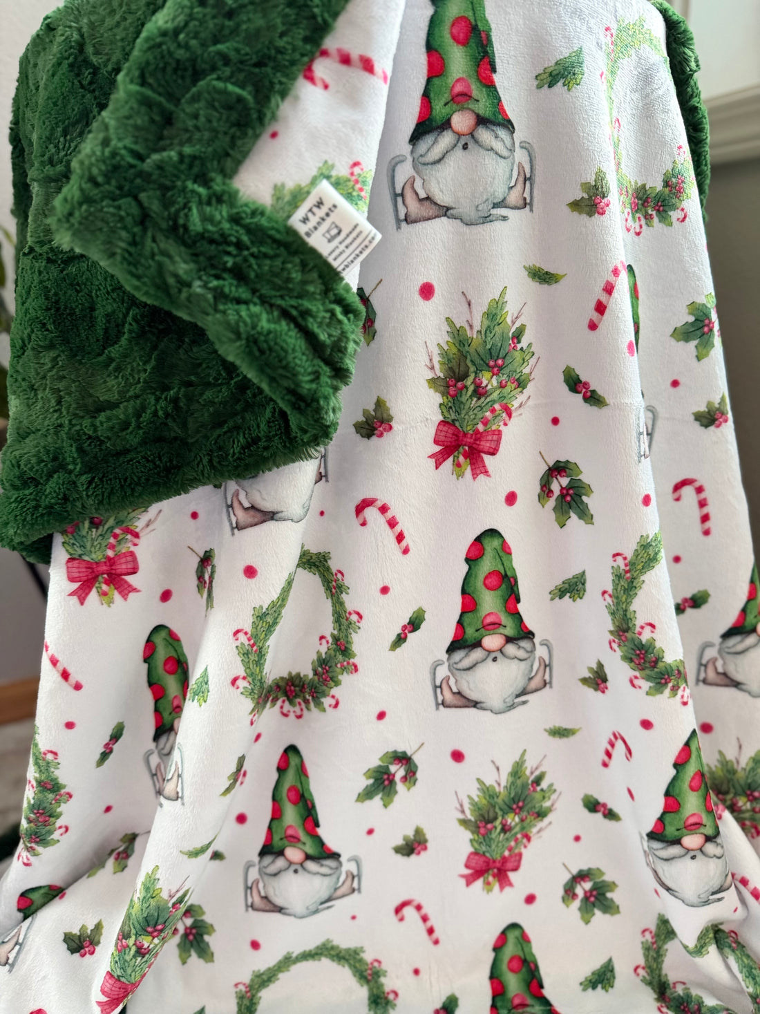 Gnome Wreath - Evergreen Glacier - Adult Luxury Minky Blanket - 58x70" - RTS