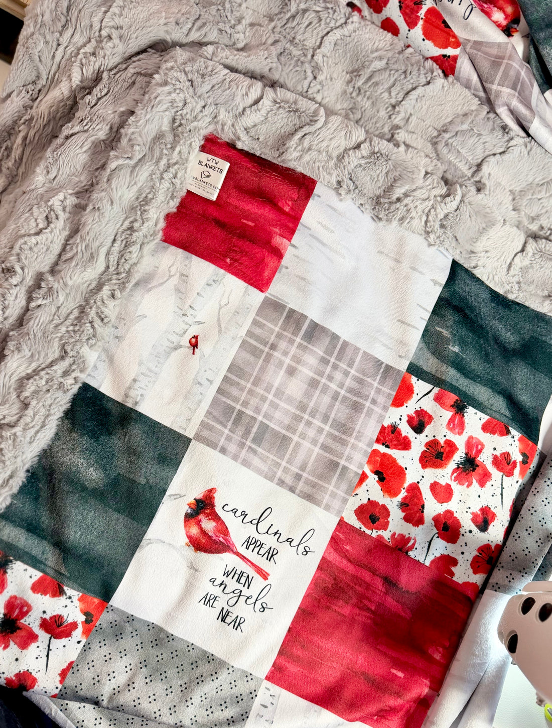 “Cardinals appear when Angels are near” silver Glacier - Adult Luxury minky Blanket - 57x70” - RTS