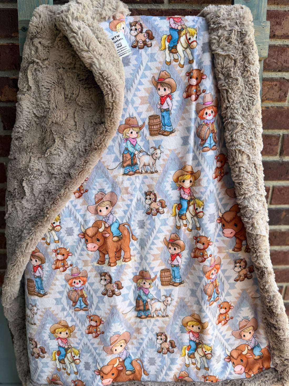 Cowboy Precious Moments - Baby Blanket - Taupe Luxury Minky Blanket - 26x38" - RTS