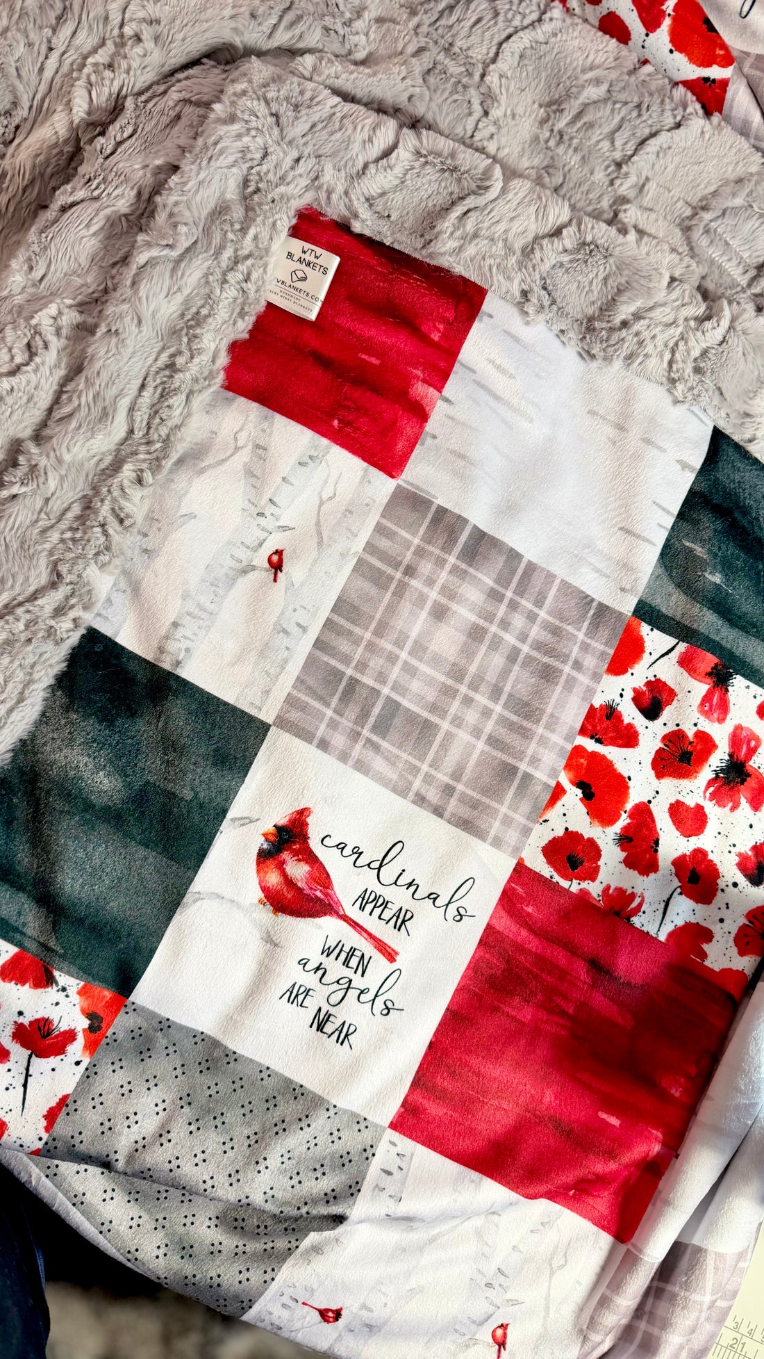 “Cardinals appear when Angels are near” silver Glacier - Adult Luxury minky Blanket - 57x70” - RTS