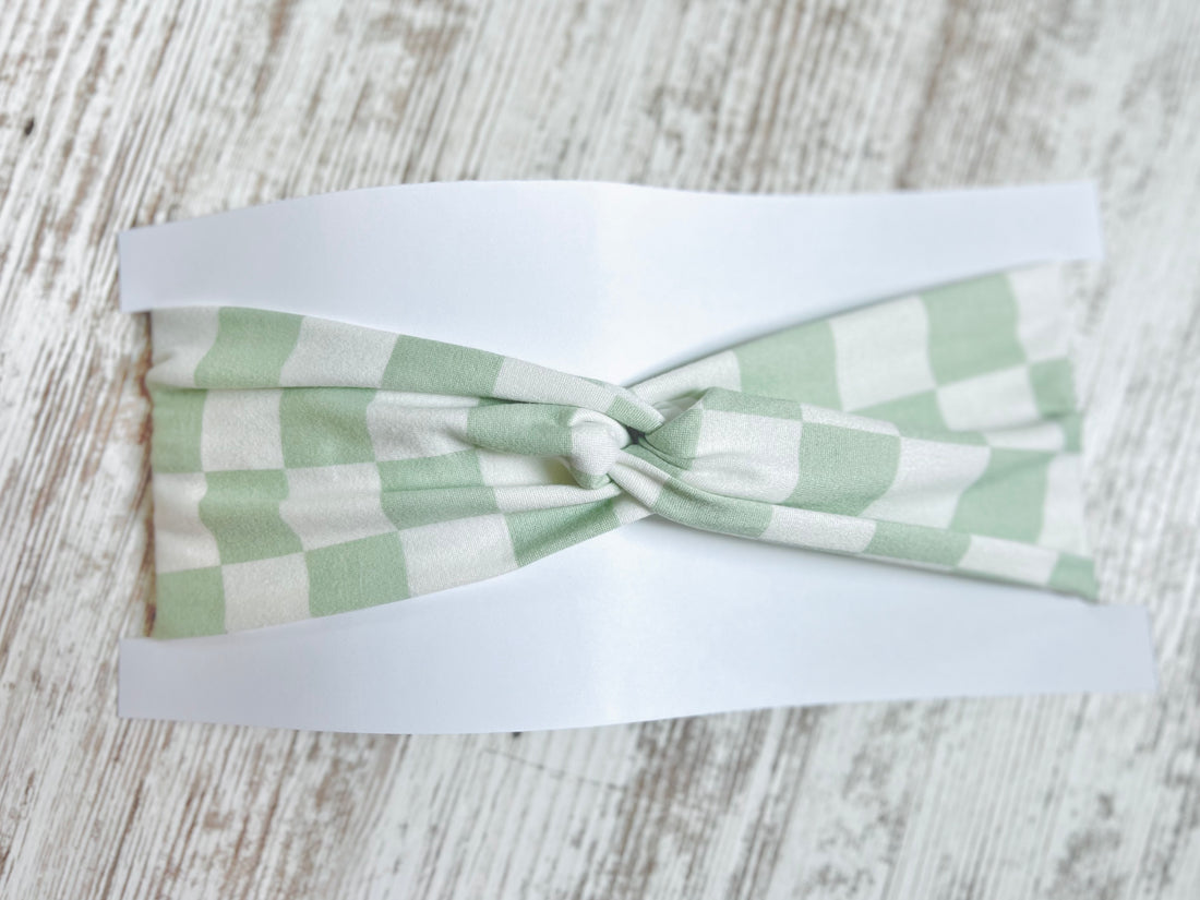 Sage Green Checkered Knot-Twist Headband